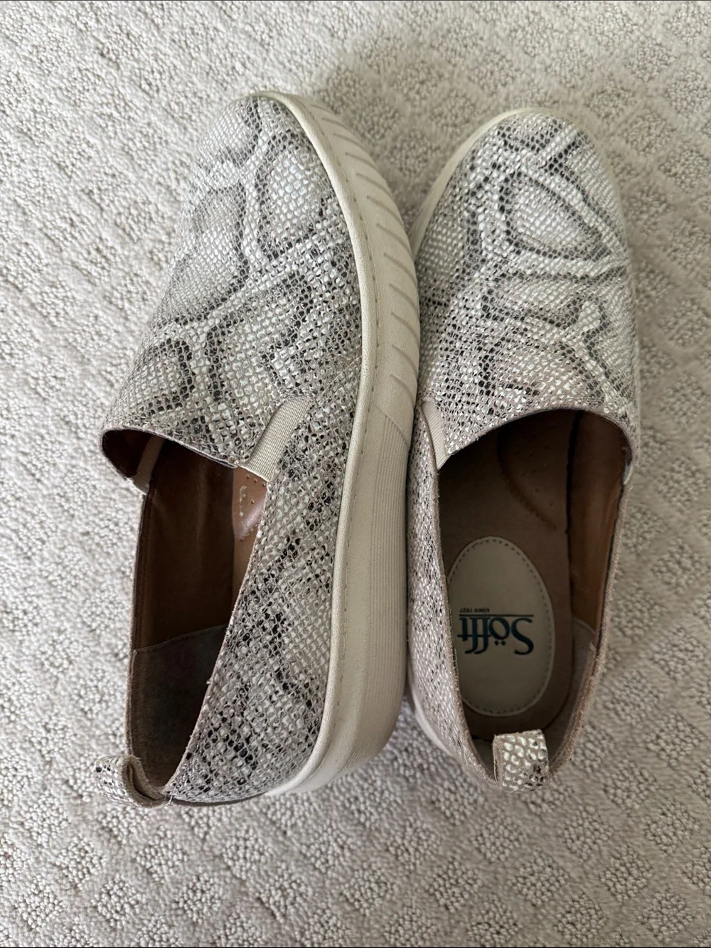 Söfft Snake-Print Slip-On Flats in White and Gray